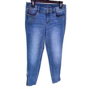 WHBM The Skimmer Jeans Size 6 Blue Ankle Zip Burgundy Trim Skinny Stretch